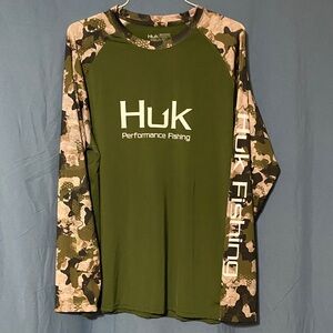 Huk Men's Olive and Camo Long Sleeve Shirt-Performance Fishing Size XL